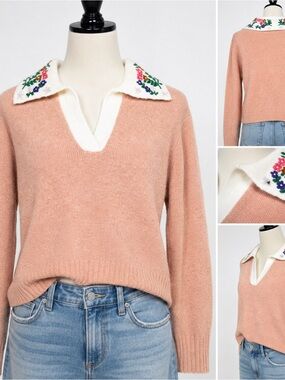 English Factory Embroidered Floral Collar Sweater M Pink Knit Collared Cottage